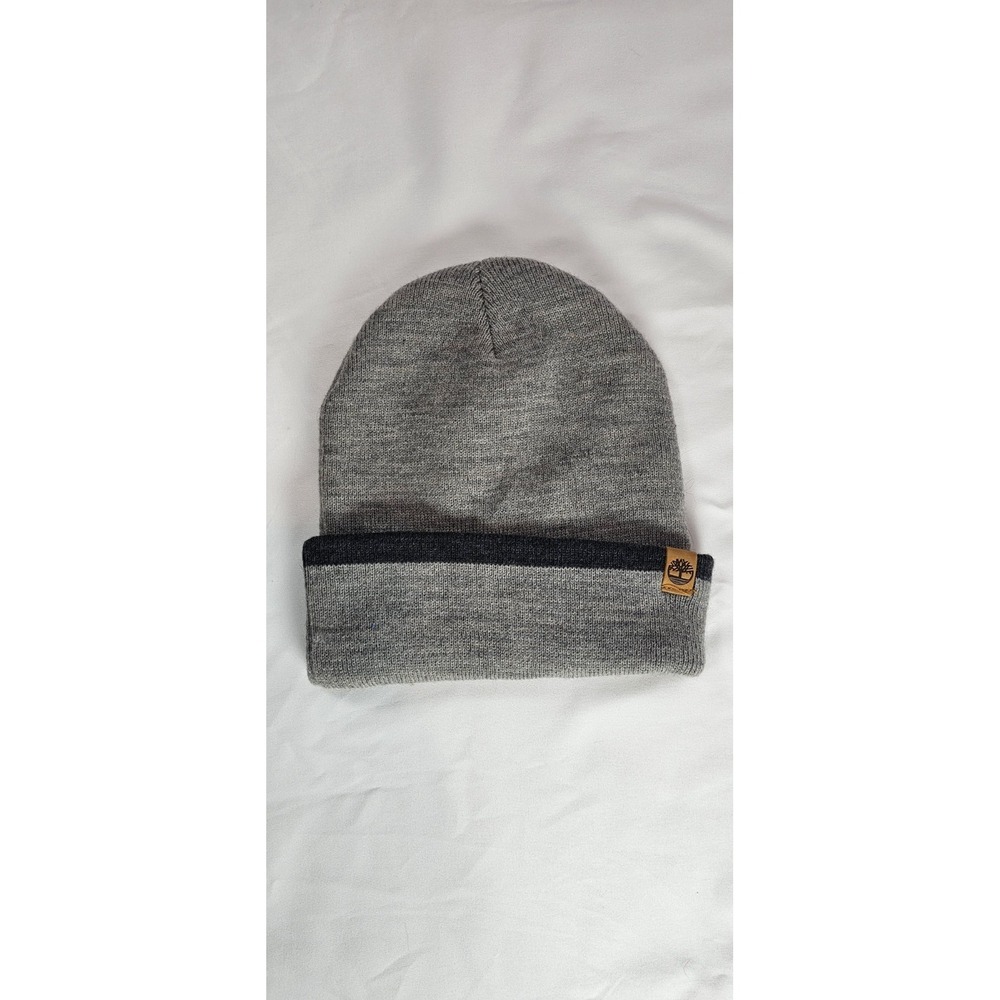 Timberland Heather Gray Knit Beanie‎ Hat OS One Size Black Stripe Cuffed Cap